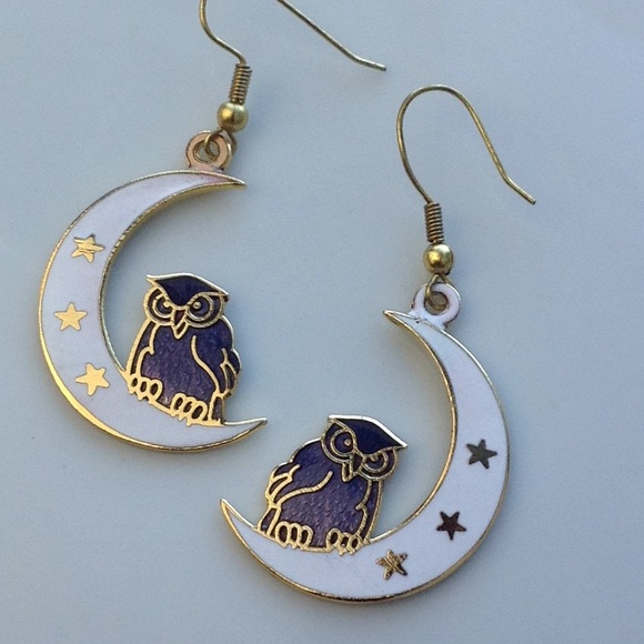 Vintage Jewelry - Vintage Cloisonne owl moon dangle drop earrings